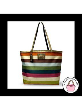 Rare COACH LEGACY 65th Anniversary Satin Stripe Tote Bag Leather Signature 11126